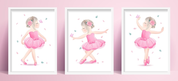 Nettes ballerina des kleinen mädchens gesetzt mit aquarellillustration
