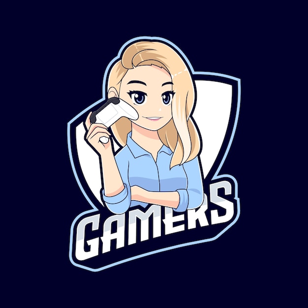 Nettes blondes Gamer-Mädchen, das Gamepad-Logo-Maskottchen hält