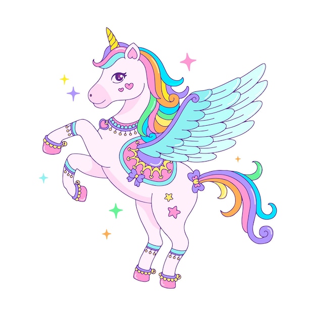 Nettes cartoon pegasus einhorn mit regenbogenmähne