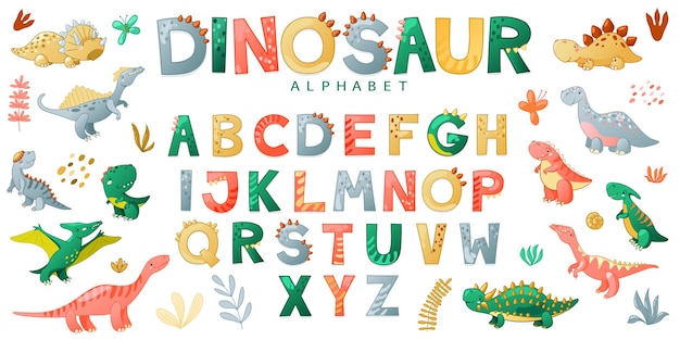 Nettes Dino-Alphabet der Karikatur auf weißem Hintergrund Kindertypografie