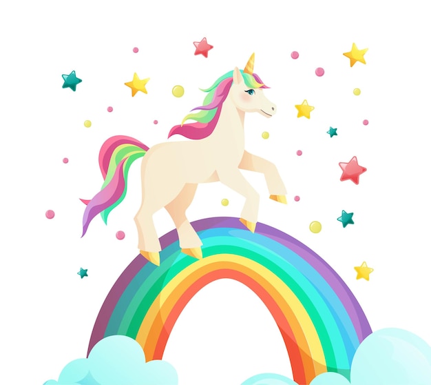 Nettes Einhorn mit Regenbogen im flachen Stil.