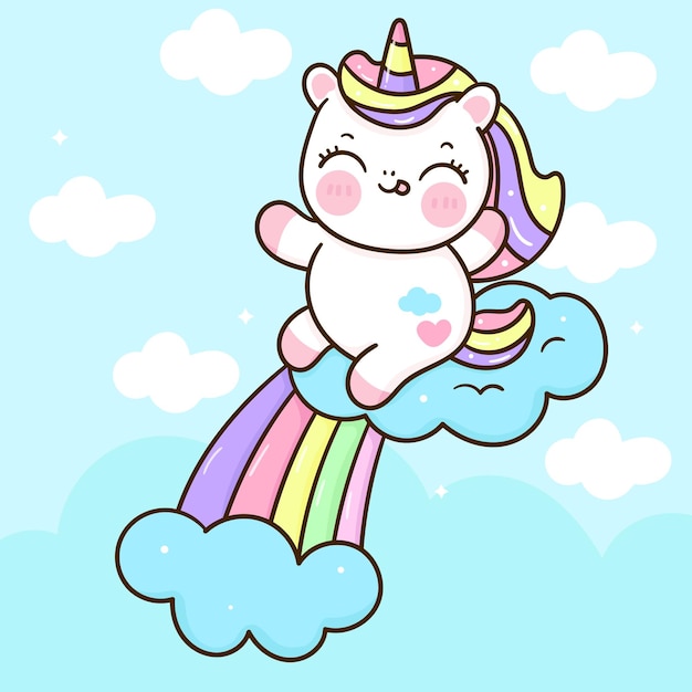 Nettes Einhornkarikaturglücksgefühl mit Wolke und Regenbogen