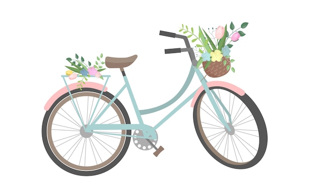 Nettes Fahrrad mit bunten Blumen und Korb auf weißem Hintergrund