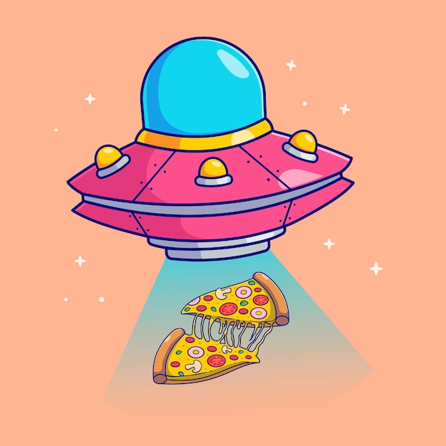 Nettes fliegendes ufo, das pizza-karikatur-vektor-symbol-illustration wissenschafts-lebensmittel-ikonen-konzept fängt
