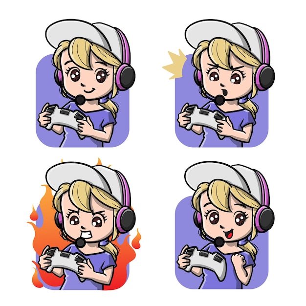 Vektor nettes gamer-mädchen emotes cartoon