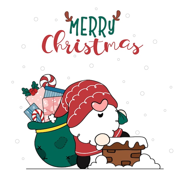 Nettes glückliches lächeln santa gnome trägt sack mit geschenken, die in einen hauskamin gehen frohe weihnachten