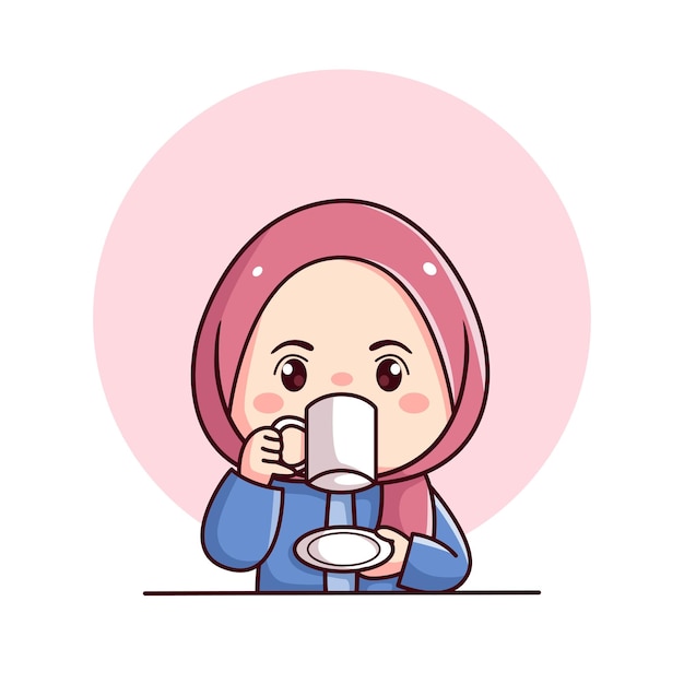 Nettes hijab-mädchen trinkt kaffee oder tee flache charakterillustration kawaii chibi