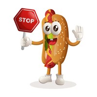 Vektor nettes hotdog-maskottchen, das stoppschild-straßenschild-straßenschild hält