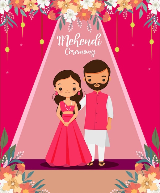 Nettes indisches paar im rosa traditionellen kleid für mehendi-zeremonie an ihrem hochzeitstag