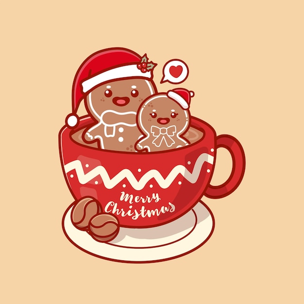 Nettes ingwerplätzchenweihnachten in der kaffeetassenillustration für karte. frohe weihnachten-grußtext. kawaii-stil