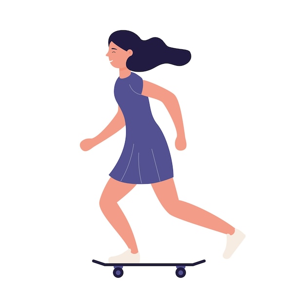 Nettes junges Mädchen, das schnell auf Skateboard fährt