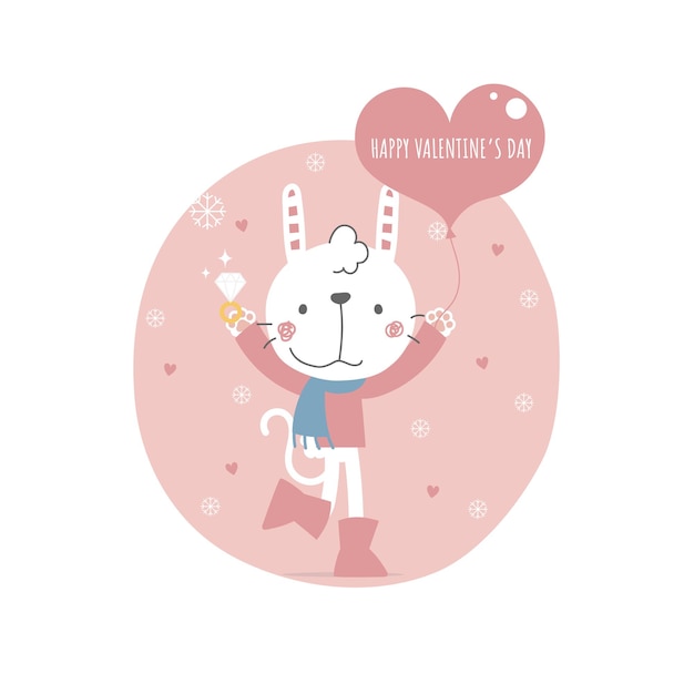 Nettes kaninchen, das herzballon hält und glückliches valentinstagliebeskonzept ringt