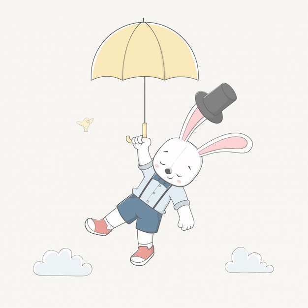 Nettes Kaninchen halten das Regenschirmfliegen am Himmel