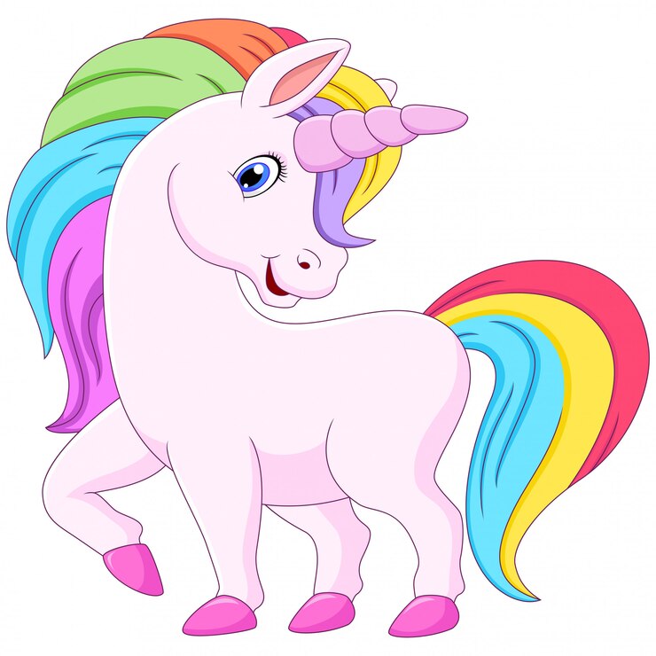 Vektor nettes karikatureinhorn mit der regenbogenmähne