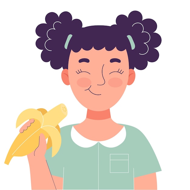 Nettes kleines mädchen, das banane isst gesundes lebensmittelkonzept, gesunder snack früchte vitamine