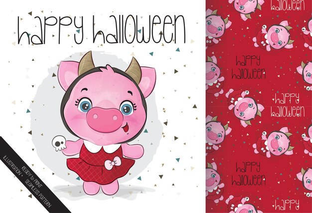 Nettes kleines schwein glückliches halloween mit nahtlosem muster