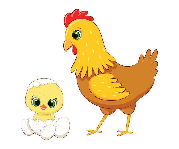 Nettes küken, das aus einem ei und seiner hühnermutter geschlüpft ist. cartoon-vektor-illustration.