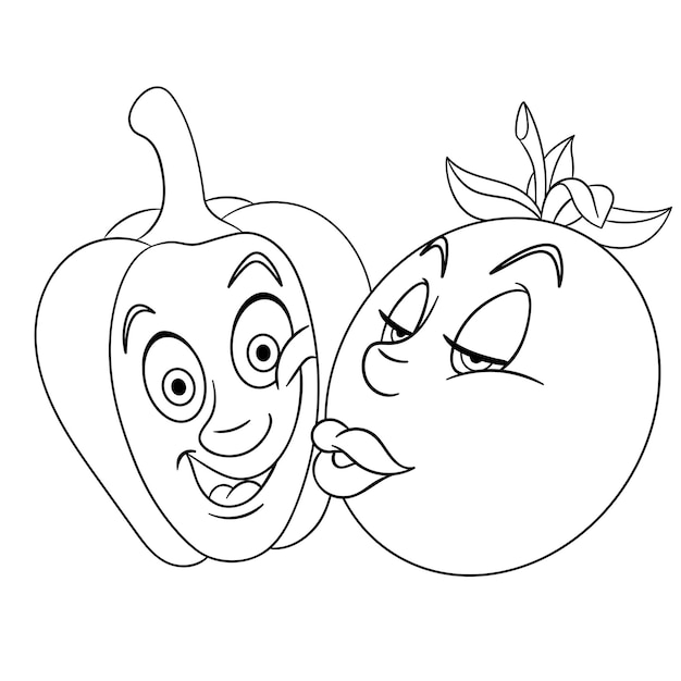 Vektor nettes küssen der tomate und des glockenpfeffers. cartoon lustiges essen emoji-gesicht. malvorlagen für kinder.