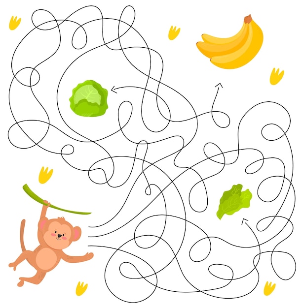 Nettes Labyrinth für KinderSpiel für Kinder Puzzle für Kinder Fröhlicher Charakter Labyrinth-Rätsel Farbvektor EPS 10 Abbildung Finden Sie den richtigen Weg Cartoon-Stil Affe Kohlsalat Banane