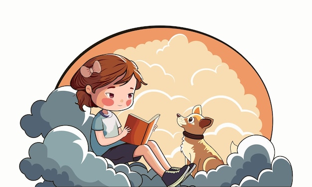Nettes mädchen-charakter-lesebuch nahe karikatur-hund, der auf wolken-hintergrund sitzt