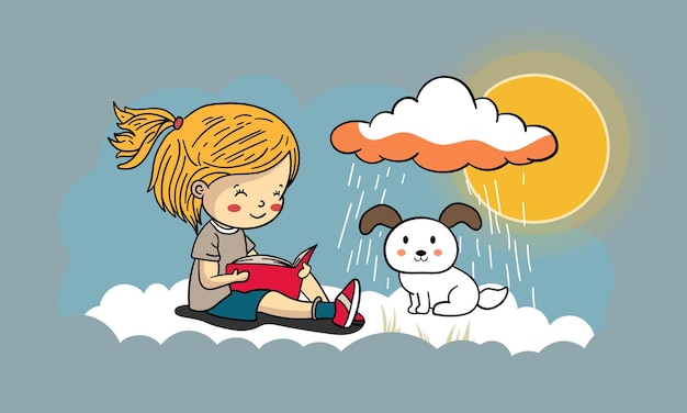 Nettes mädchen, das ein buch mit cartoon-hund auf sonne hinter regenwolken-hintergrund liest