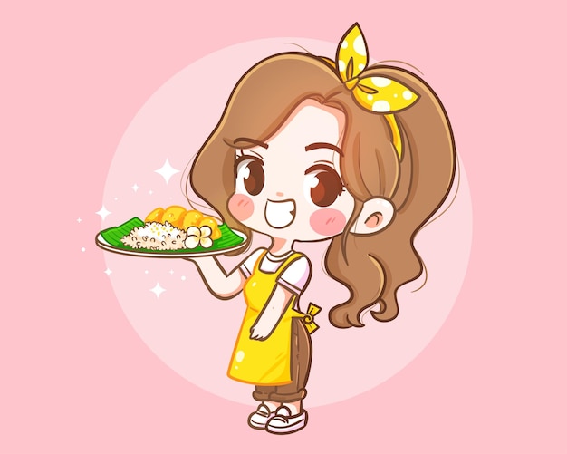 Nettes mädchen, das mango-klebriger reis traditionelle asiatische süße lebensmittellogokarikatur-kunstillustration hält