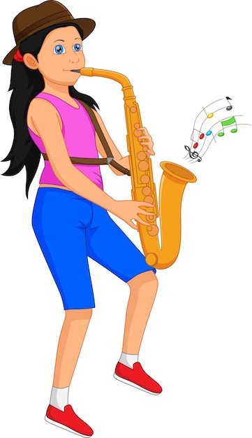 Nettes mädchen, das saxophonkarikatur spielt