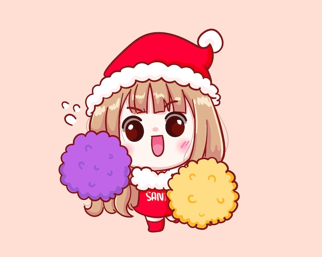 Nettes mädchen im weihnachtsmannkostüm, das pom pom illustration hält