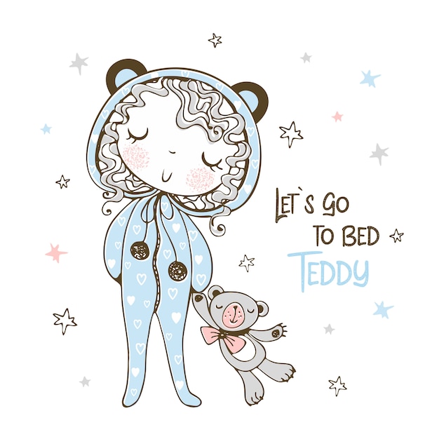 Nettes mädchen in den pyjamas in form von den bären, die mit einem spielzeug teddybären schlafen gehen.
