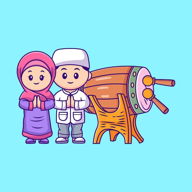 Nettes mädchen und junge moslem feiern eid mubarak mit bedug cartoon vektor symbol illustration