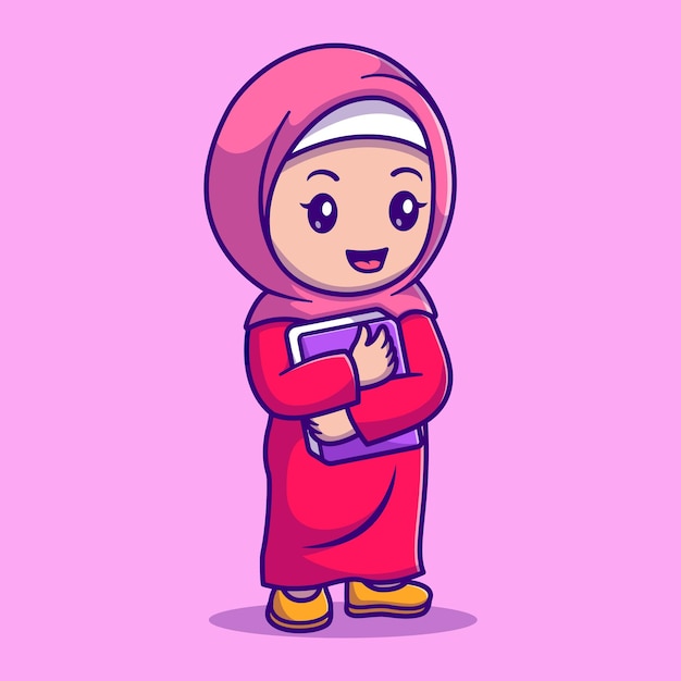 Nettes muslimisches mädchen, das buchkarikaturvektor-symbolillustration hält