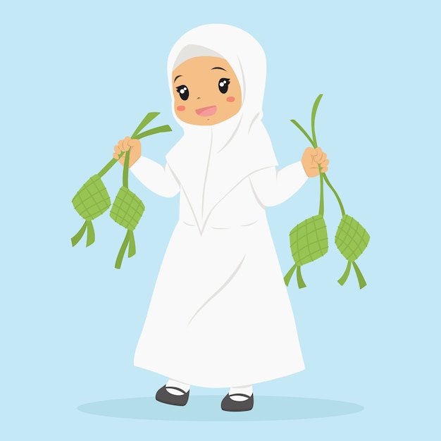 Nettes muslimisches Mädchen, das Ketupat hält. Zeichentrickfigur der muslimischen Kinder