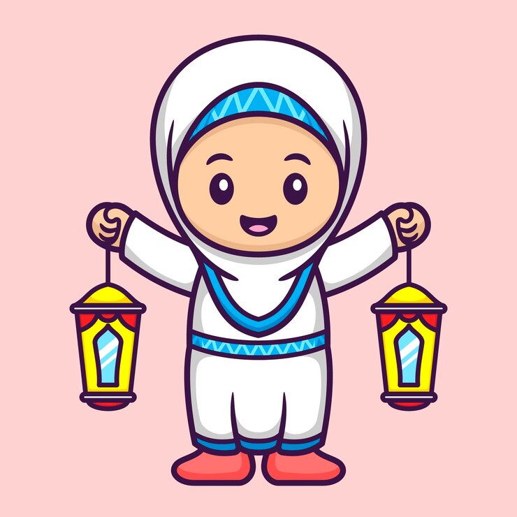 Nettes muslimisches Mädchen mit Laterne im Cartoon Premium Vector Illustration Flat Style Concept