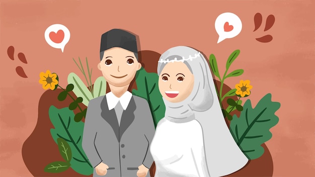 Nettes muslimisches Paar Braut und Bräutigam Cartoon für Hochzeitskarte und Einladung Hochzeitsvideo