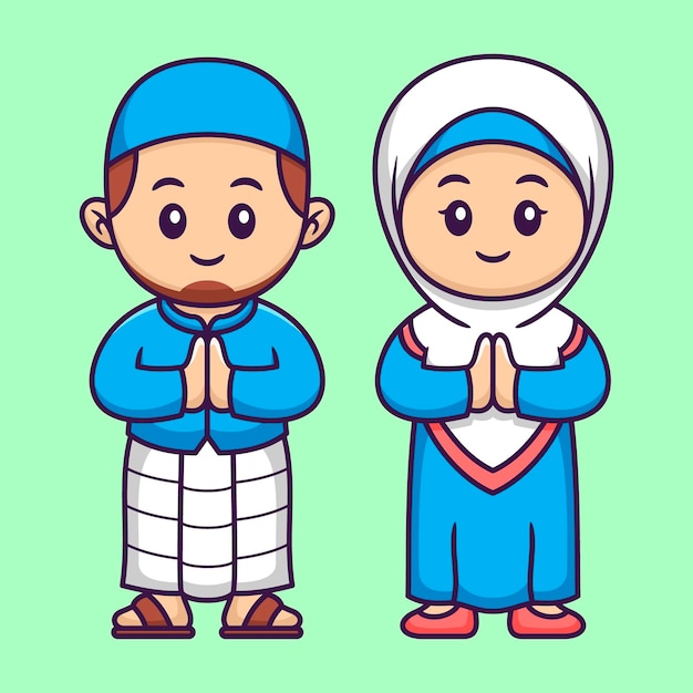 Nettes muslimisches paar im cartoon-ramadan-vektor-illustration-flachen stil-konzept