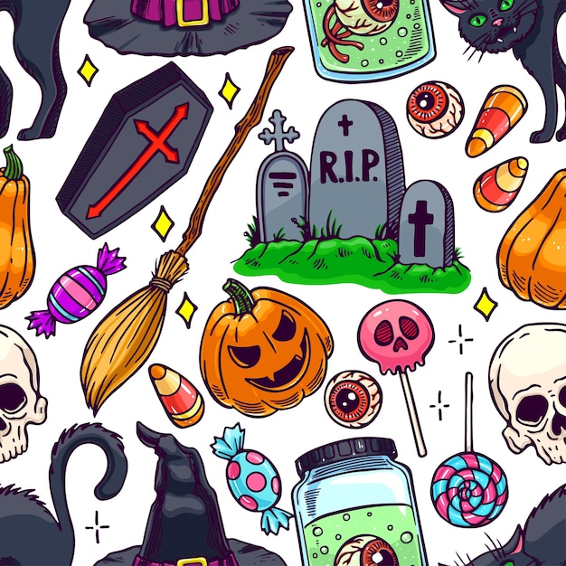 Nettes nahtloses halloween-muster der magischen attribute und der süßigkeiten. handgezeichnete illustration