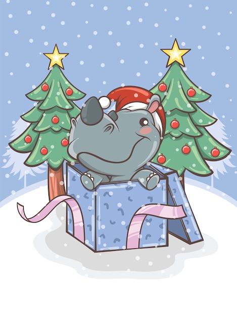 Nettes nashorn mit einer geschenkbox und weihnachtsbaum - karikaturcharakterillustration