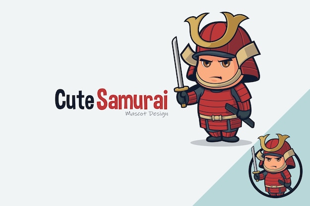 Nettes Samurai-Maskottchen-Design, das Samurai-Schwert hält