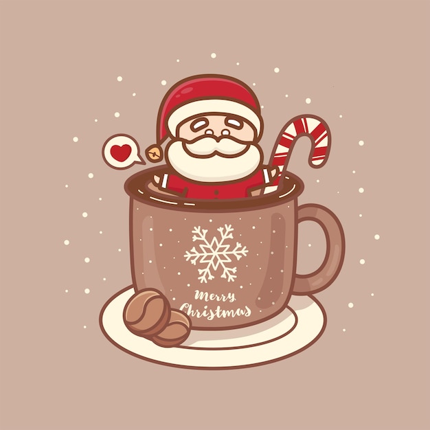 Nettes sankt-weihnachten in der kaffeetassenillustration für karte. frohe weihnachten-grußtext. kawaii-stil