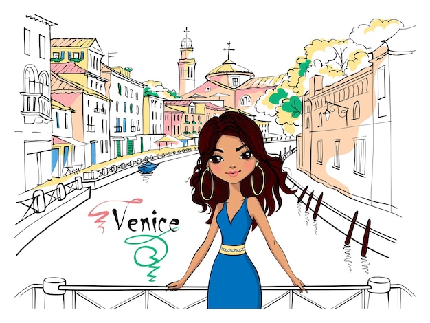 Nettes schönes hispanisches mädchen der mode in venedig italien