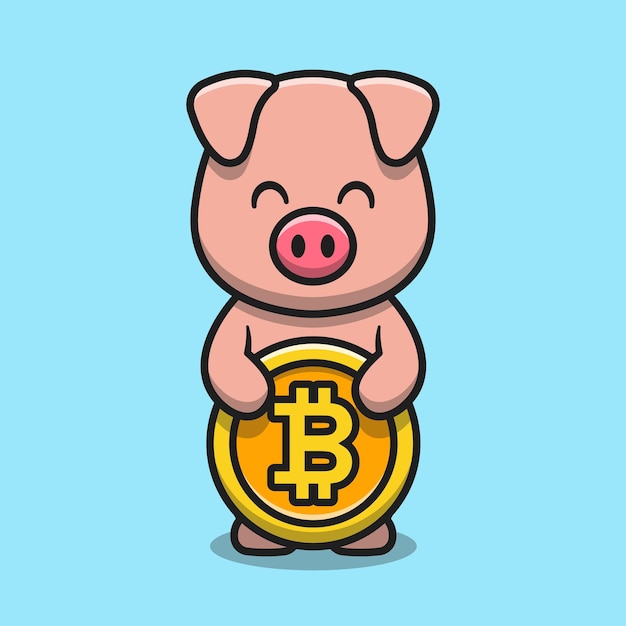 Vektor nettes schwein, das bitcoin-karikaturvektor-symbolillustration hält. animal business maskottchen charakter konzept isolierter vektor. flacher cartoon-stil