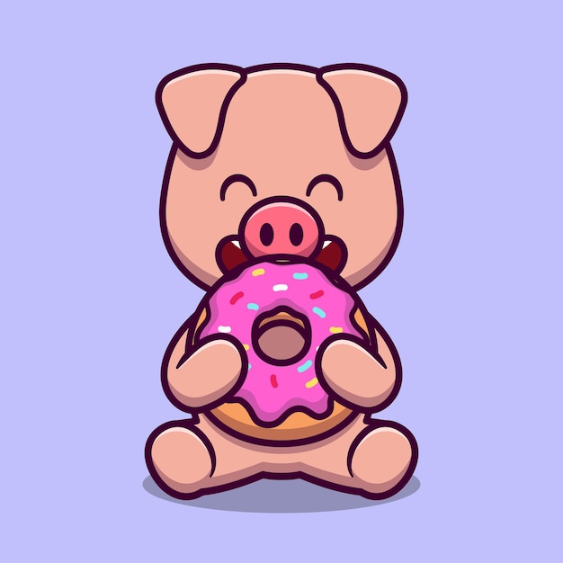 Vektor nettes schwein, das donut-karikatur-vektor-symbol-illustration isst