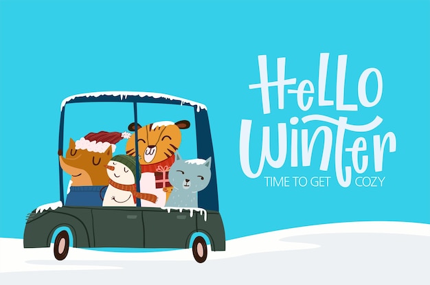 Nettes tier, das im winter ein auto mit glücklichen freunden fährt süße weihnachtsillustration