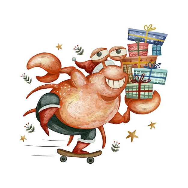 Nettes tier mit skate-brett und lieferung von geschenken süße weihnachts-aquarell-illustration