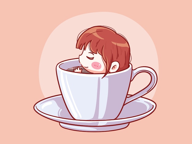 Nettes und kawaii mädchen entspannen und einweichen in einer tasse kaffee manga chibi illustration