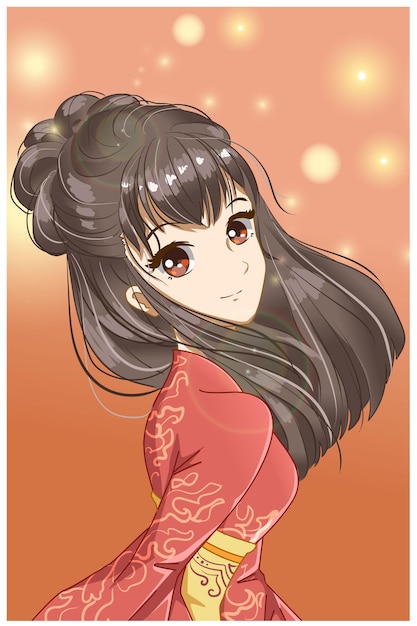 Nettes und schönes Mädchen mit roter Kimono-Entwurfsillustration