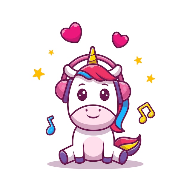 Nettes unicorn listening music vector illustration. einhorn mit musik und liebe