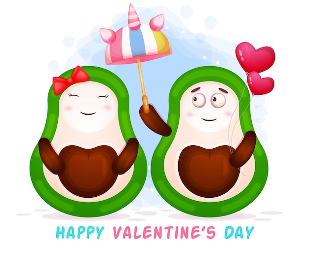 Nettes valentinstag-avocado-paar, das liebesherzballon hält