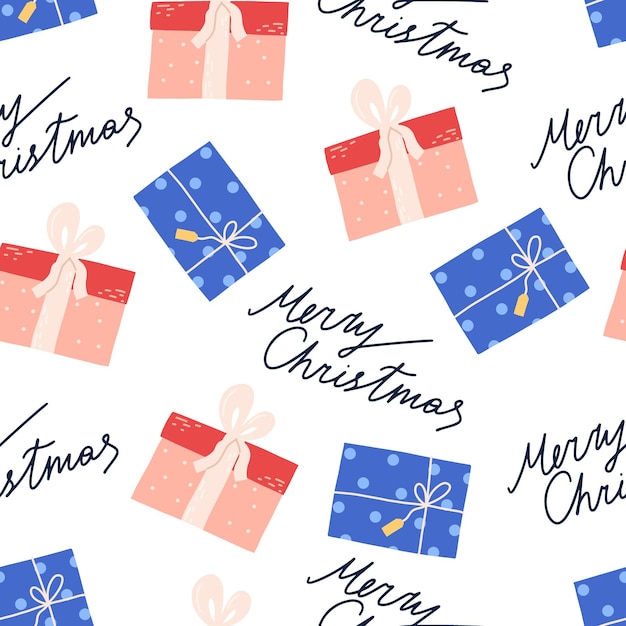 Nettes Weihnachtsnahtloses Muster mit Geschenkboxen und handgezeichnetem Text-Flachvektor