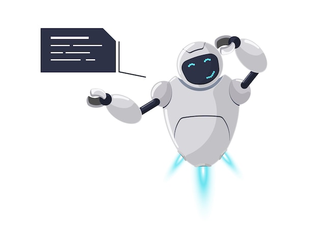 Nettes weißes fliegendes Roboter-Charakterdenken. Futuristische Chatbot-Maskottchen-Verlegenheit mit Sprechblase. Tech-Cartoon verwirrter Online-Bot. Roboter-KI-Unterstützung spricht über mentale Aktivitätsgefühle. Vektor-eps